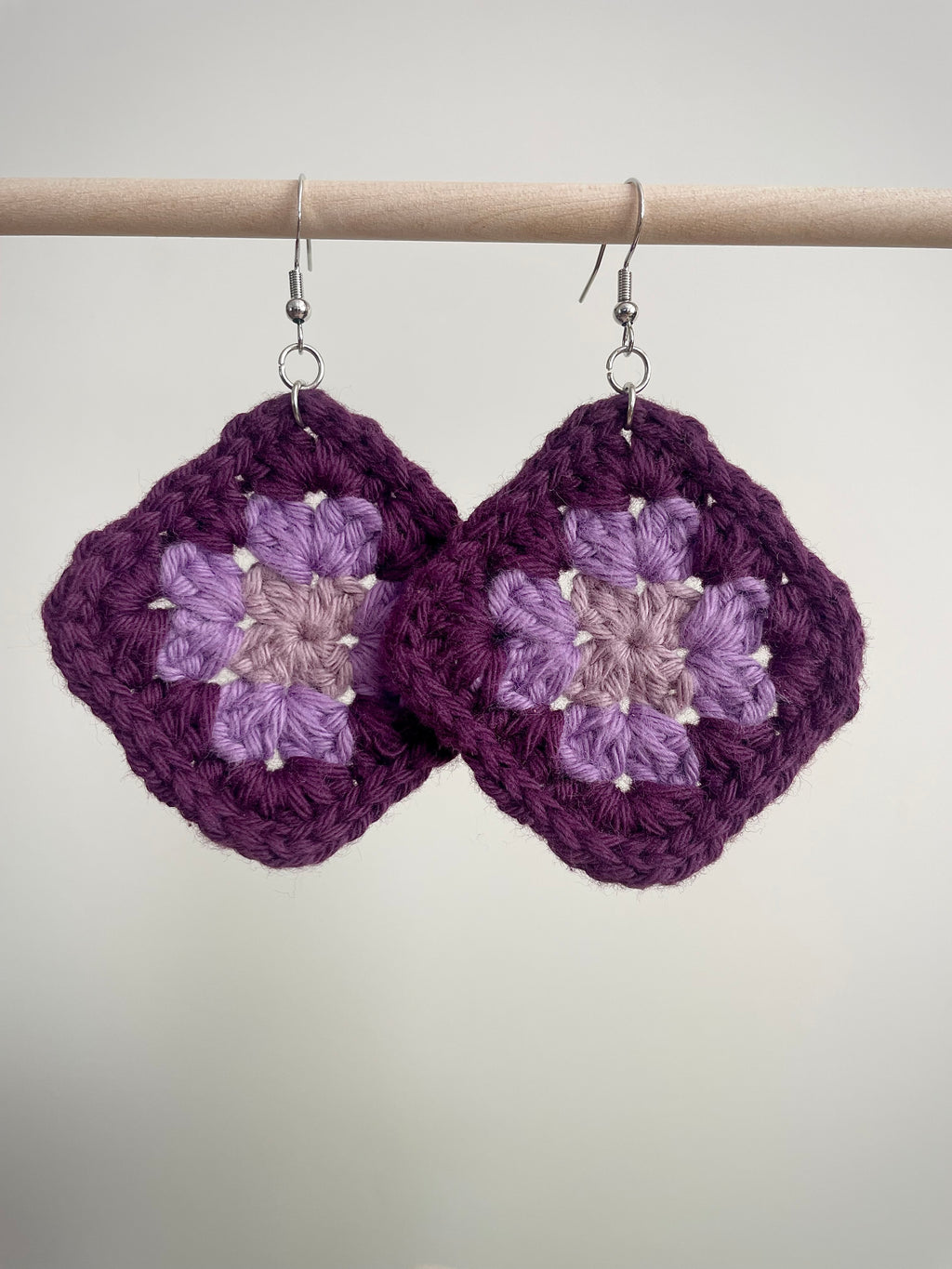 Crochet Big Square Earrings - Purple Tone