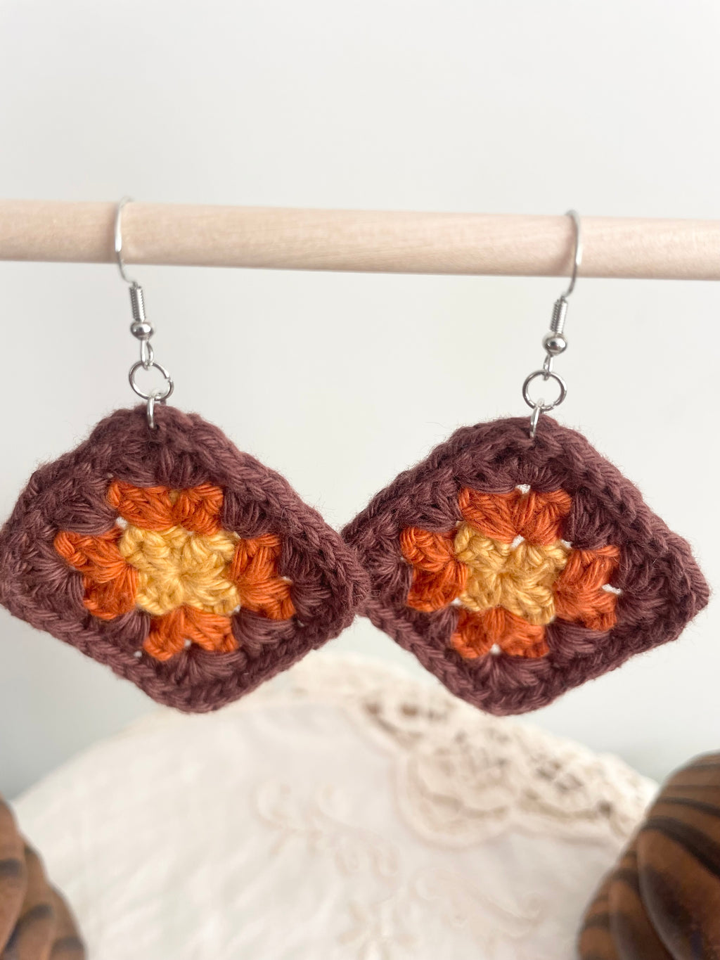 Crochet Big Square Earrings - Yellow/Orange/Brown