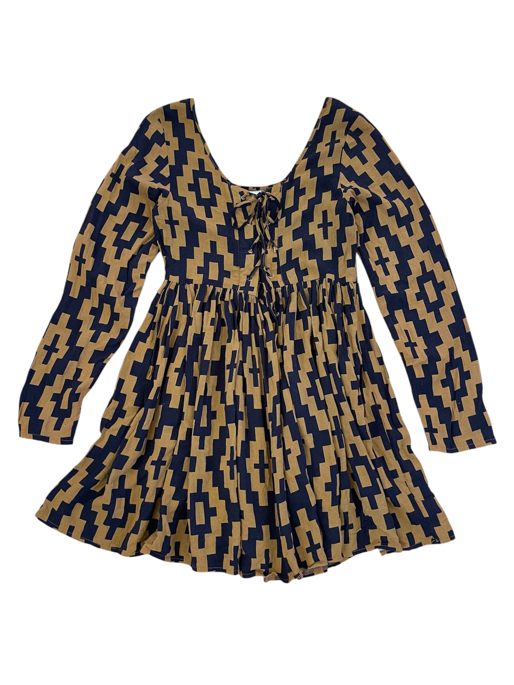 Brown & Black Geometric Print L/S Mini Dress