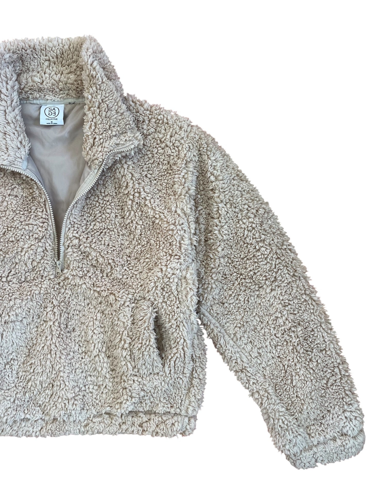 Beige Fluffy Teddy Jumper with High Zip Collar