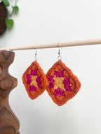 Crochet Big Square Earrings - Yellow/Pink/Orange