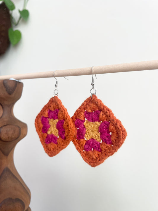 Crochet Big Square Earrings - Yellow/Pink/Orange