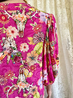Made in Italy Pink Western Boho Floral Cow Skull Midi Dress Duster - Size 16