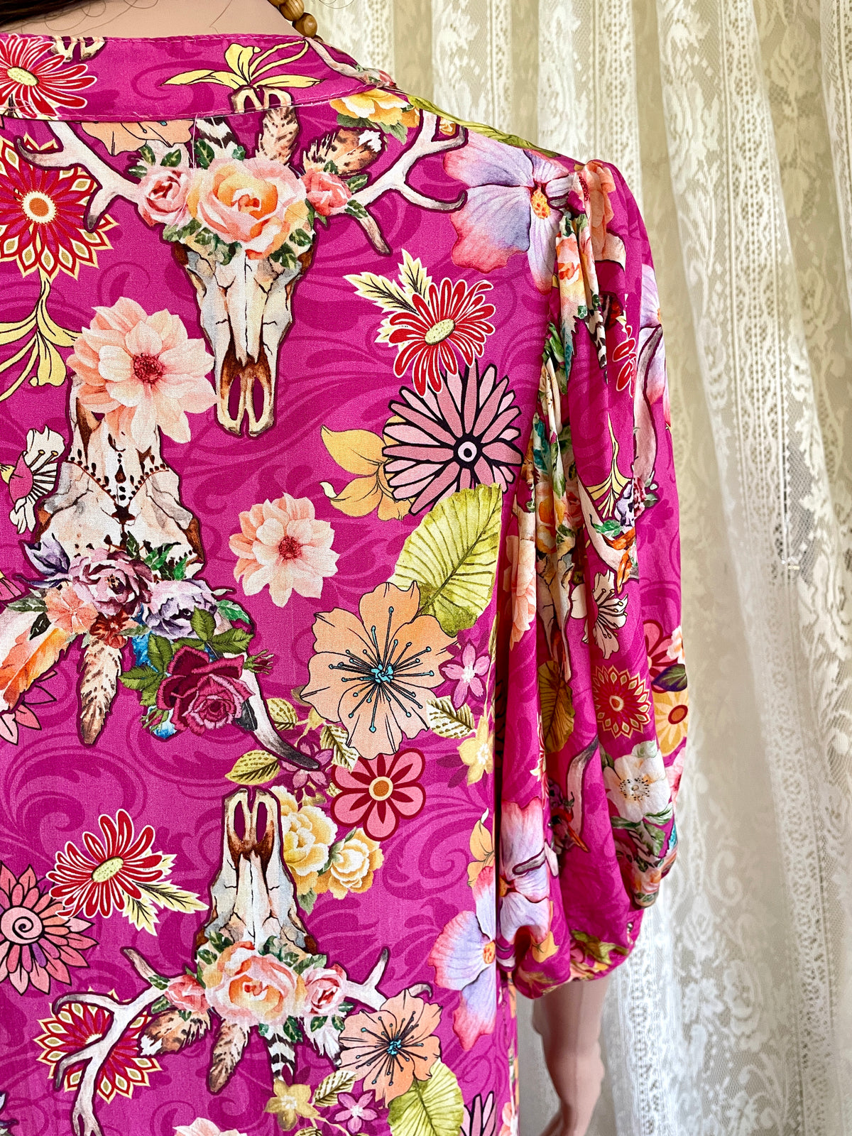 Made in Italy Pink Western Boho Floral Cow Skull Midi Dress Duster - Size 16