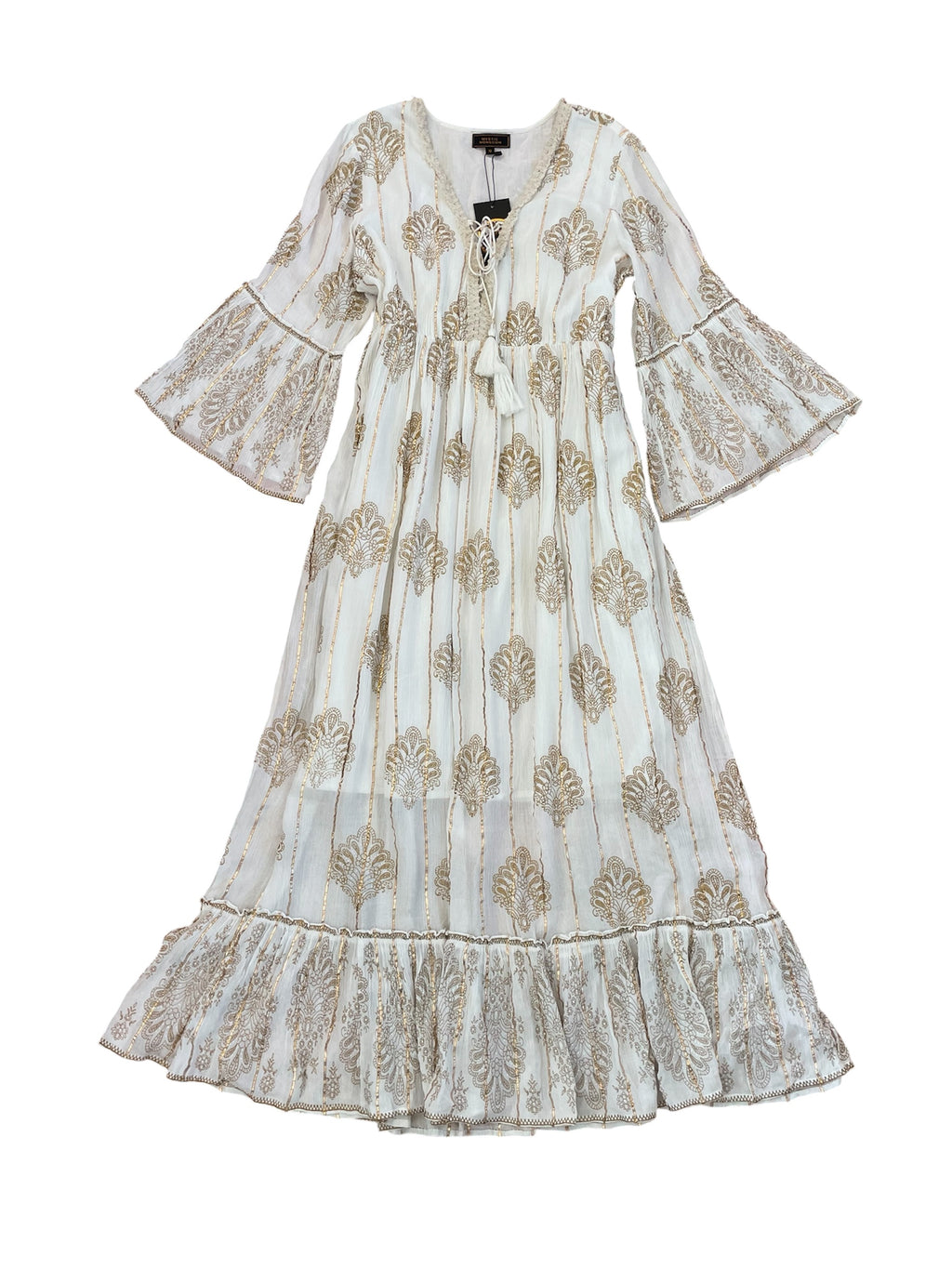 White with Gold Thread Paisley Print Angel Dress