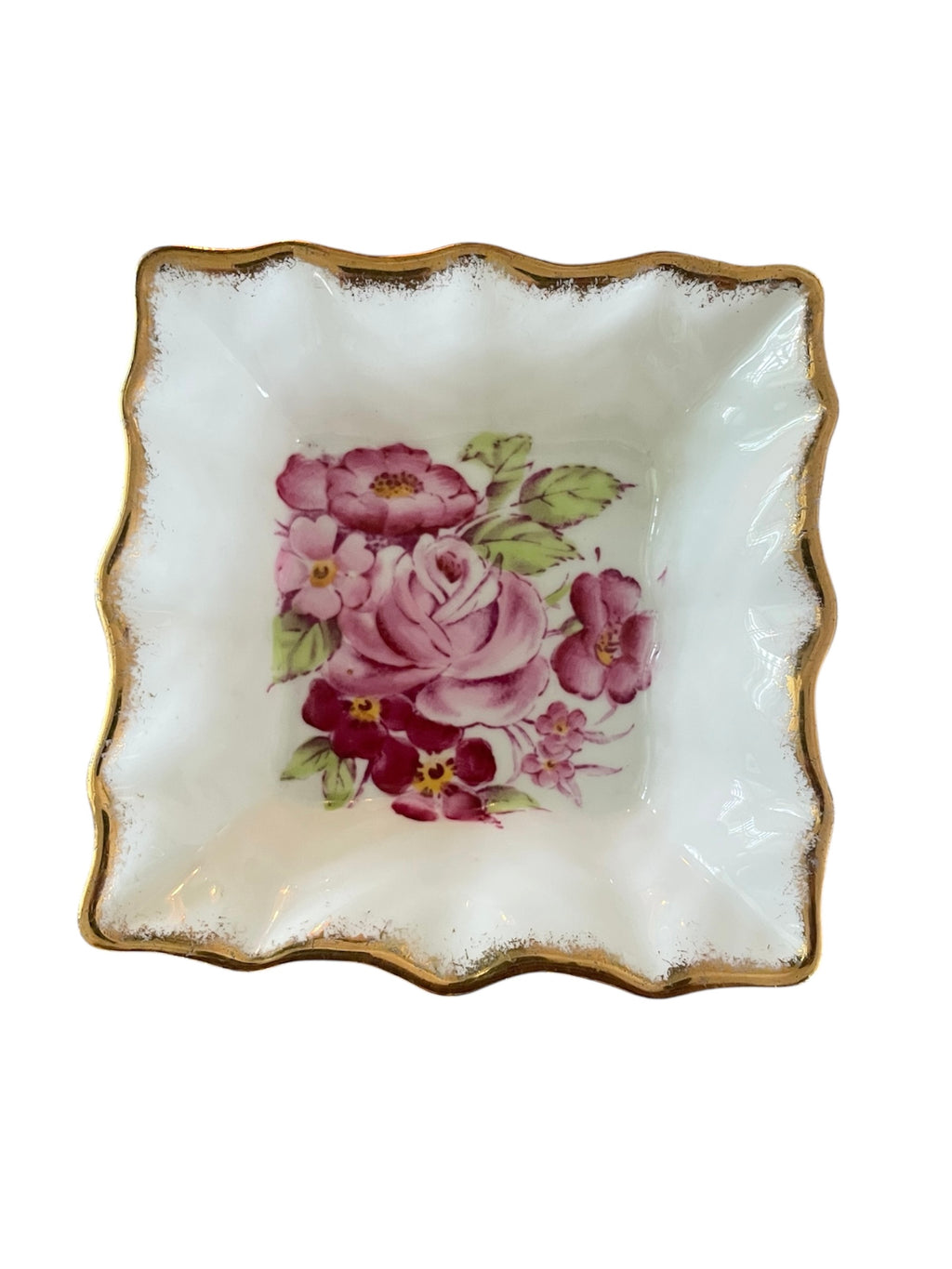 Bone China Butter Pat/Trinket Dish with pink floral motifs & gold trims VTG