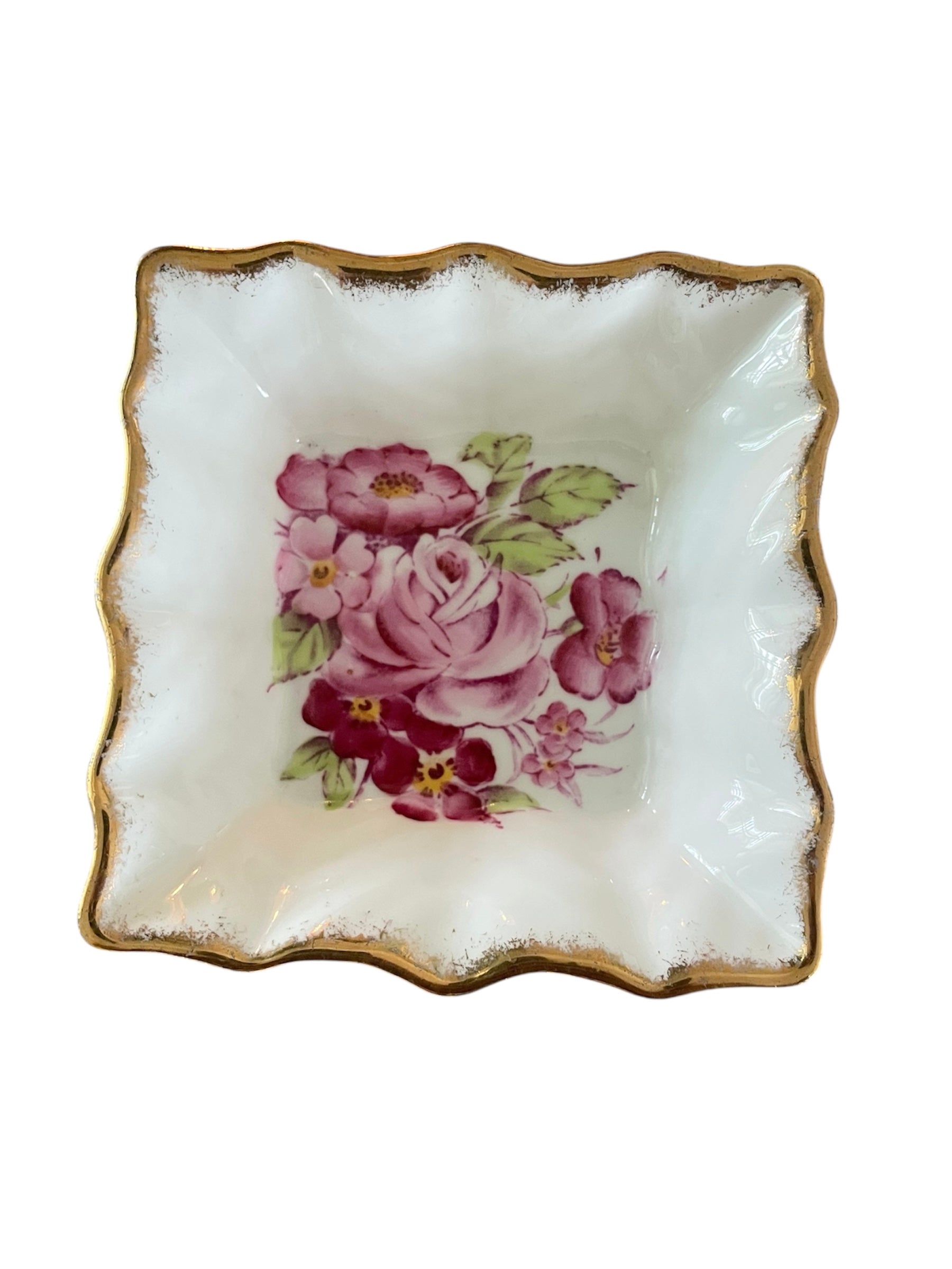 Bone China Butter Pat/Trinket Dish with pink floral motifs & gold trims VTG