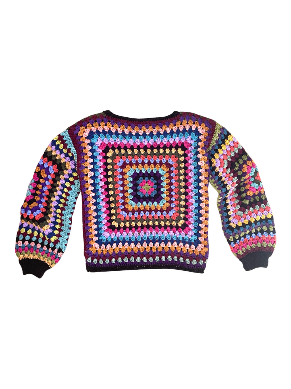 Crochet granny square jumper, multicolour, black trims
