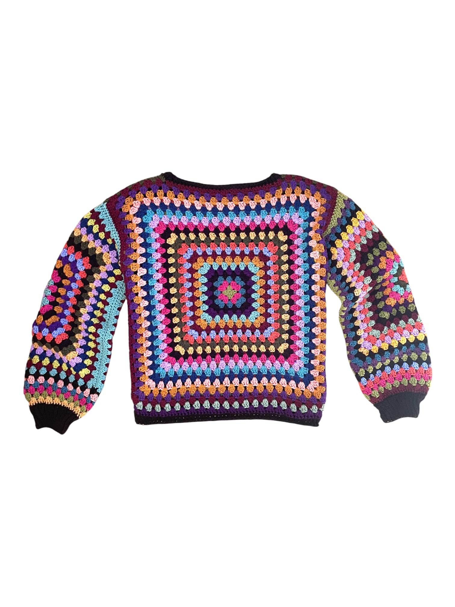 Crochet granny square jumper, multicolour, black trims