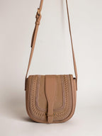 Sportsgirl Boho Faux Suede Saddle Crossbody Bag Whipstitch Detail Beige