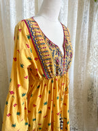 Ishka Marigold Yellow Embroidered Boho Maxi Dress – Bell Sleeve Tiered Smock Sz 14