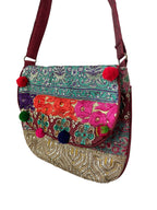 Bright Patchwork Shoulder Bag with Pom Pom details