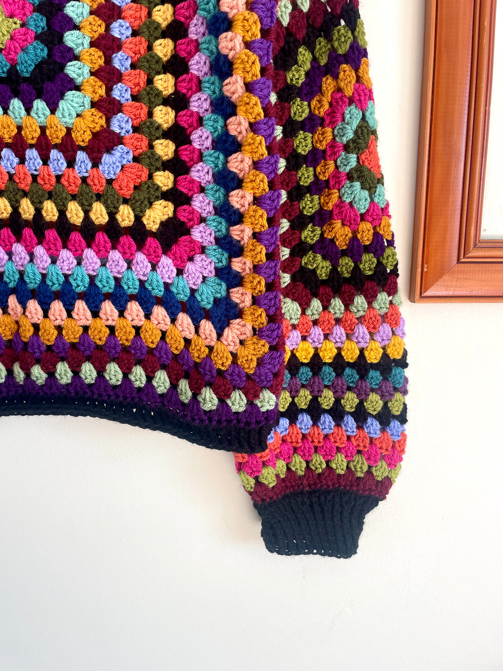 Crochet granny square jumper, multicolour, black trims