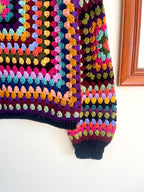 Crochet granny square jumper, multicolour, black trims