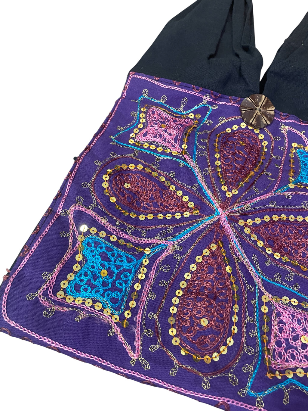 Embroidered and Sequins Cotton Short Strap Shoulder Bag