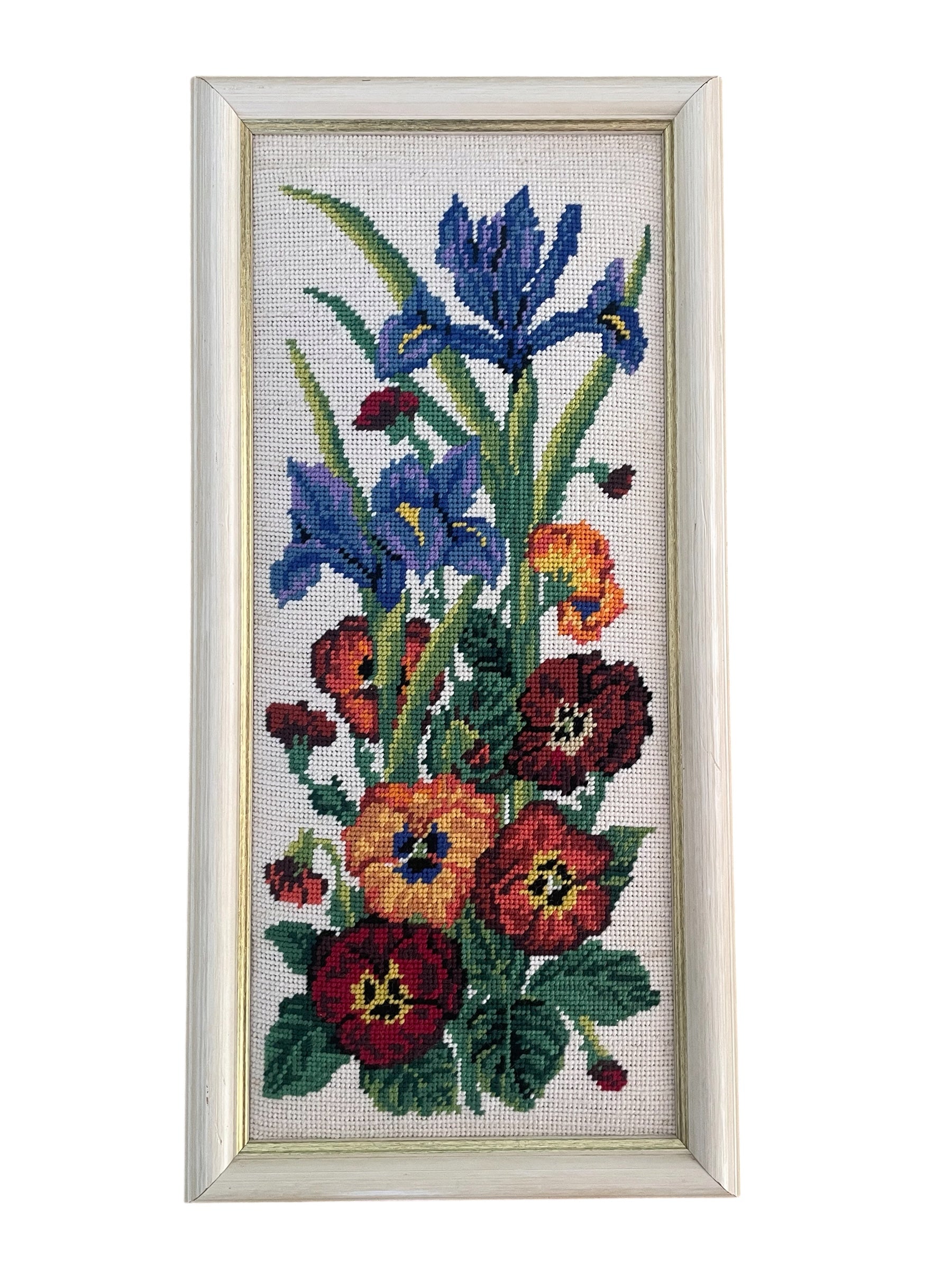 Vintage Iris and Pansy Cross Stitch Wall Art in Frame D’art