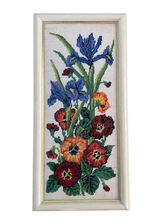 Vintage Iris and Pansy Cross Stitch Wall Art in Frame D’art