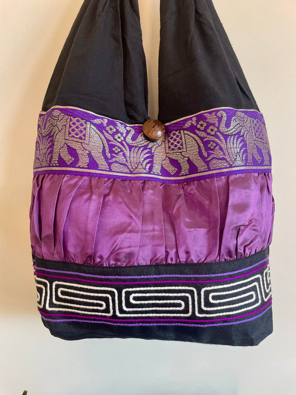 Hobo Style Sling Bag with Elephants and Embroidered Trim