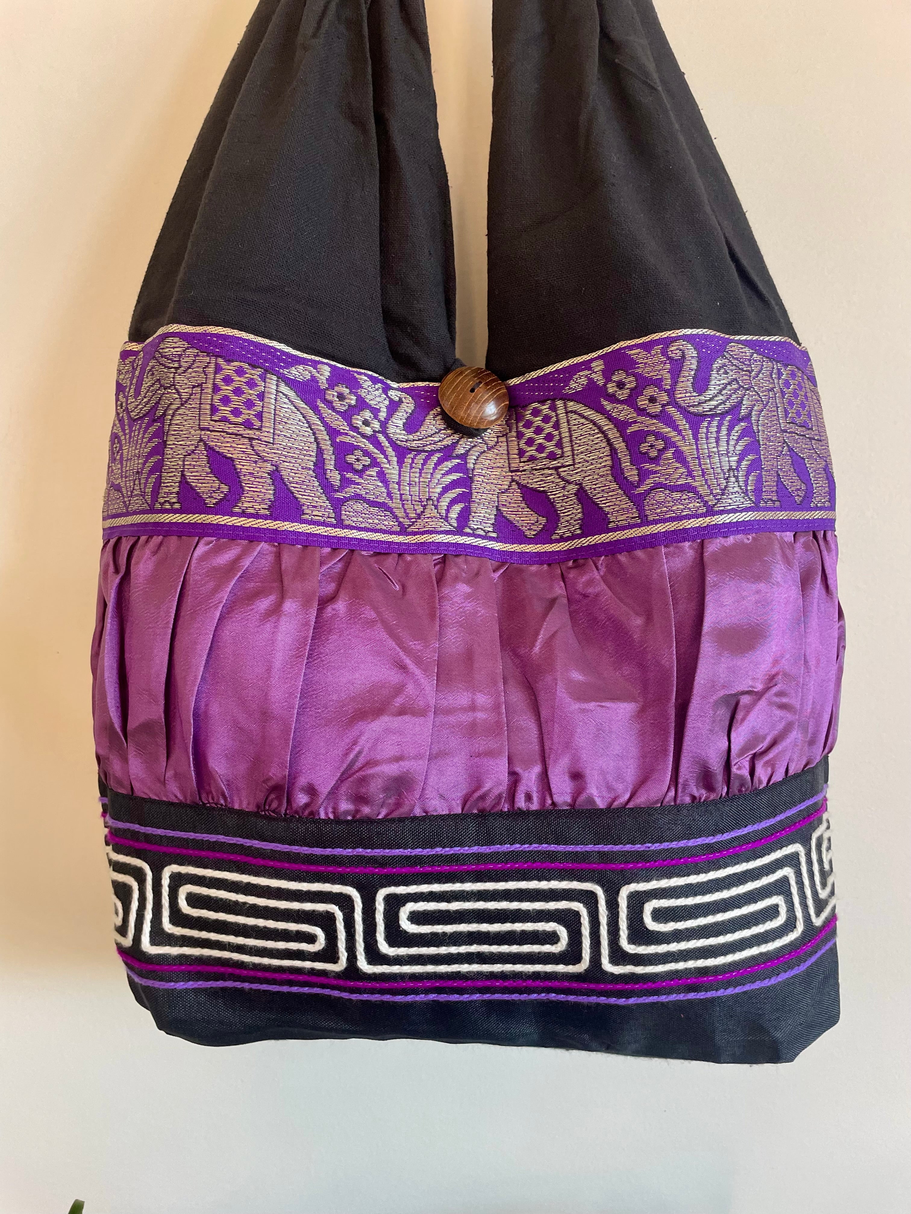 Hobo Style Sling Bag with Elephants and Embroidered Trim