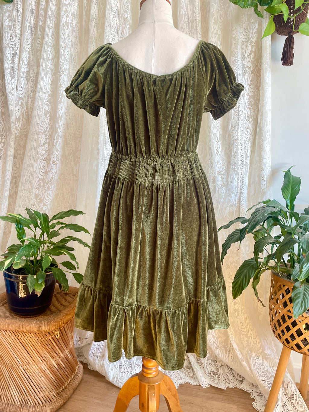 Olive Green Velvet Peasant Style Mini Dress