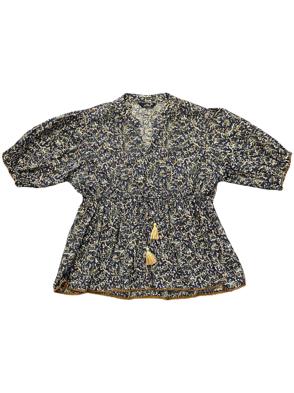 Navy Blue, brown & green print 3/4 sleeve top