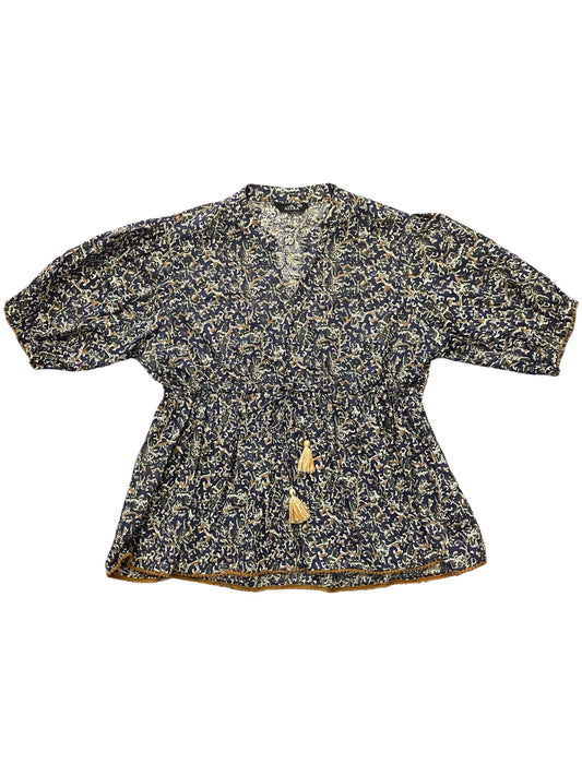 Navy Blue, brown & green print 3/4 sleeve top