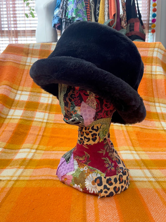 Y2K Black Faux Fur small Brimmed hat