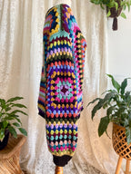 Crochet granny square jumper, multicolour, black trims