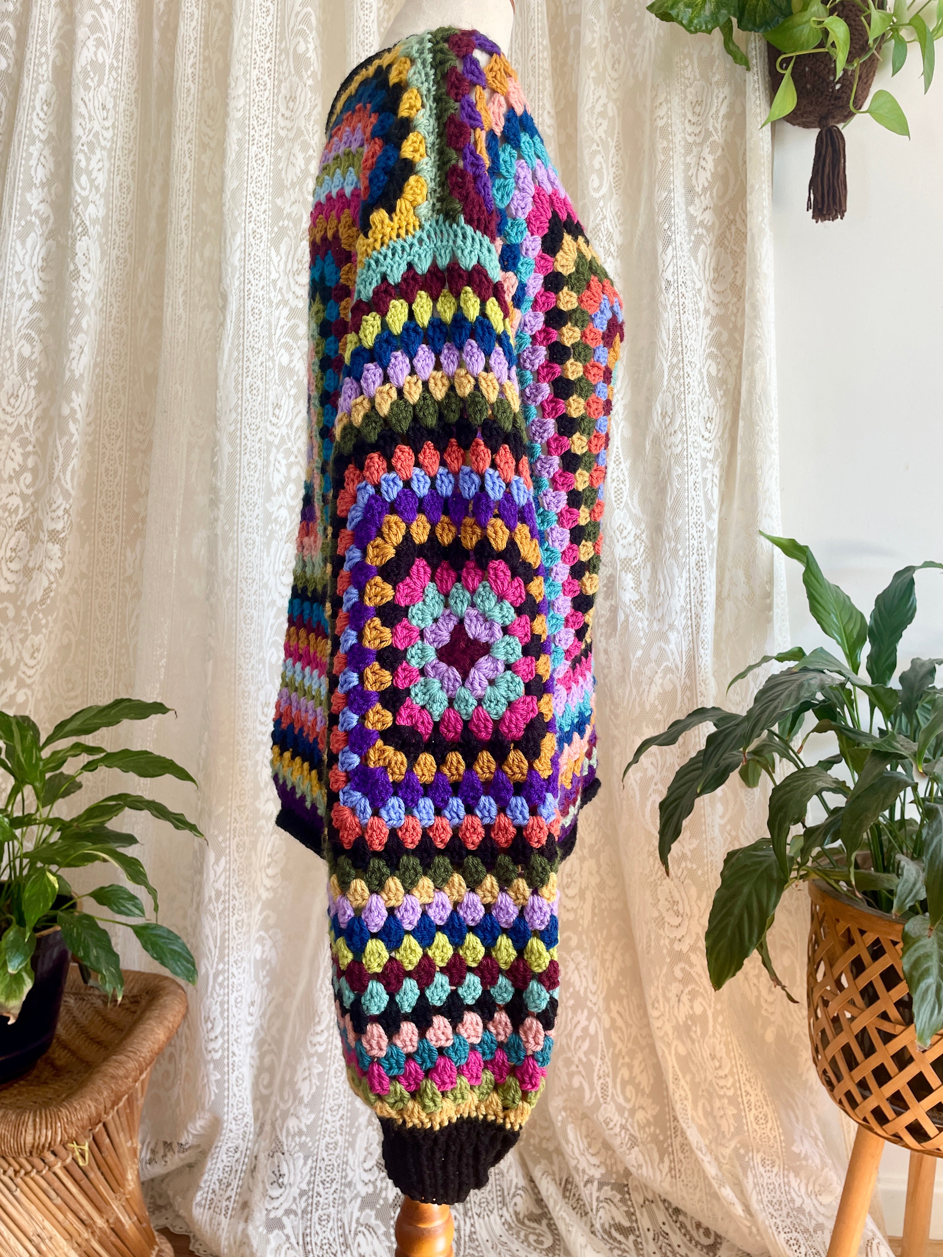 Crochet granny square jumper, multicolour, black trims