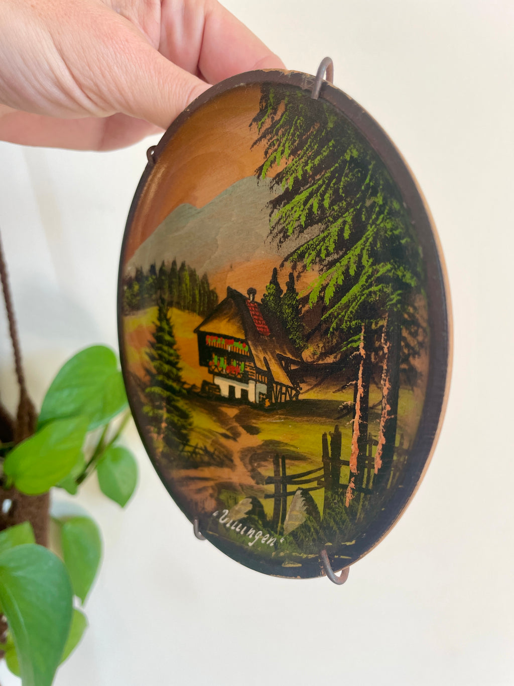 Vintage German Folk Art Wall Hanging Farmhouse Scene Wood Plate