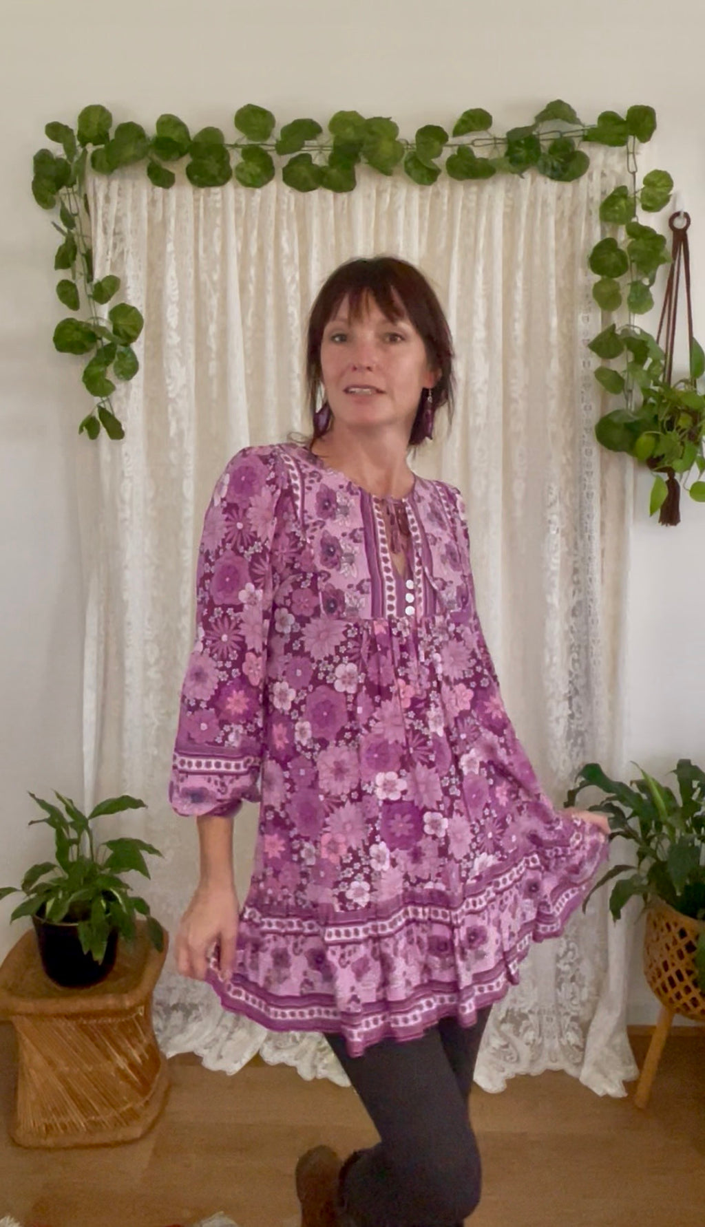 Boho Long Sleeve Mauve Dress with Retro Flower Print