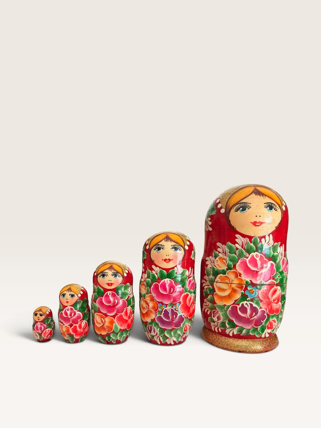 Traditional Semionov Style 5-Piece Russian Nesting Dolls Red Gold Glitter Matryoshka