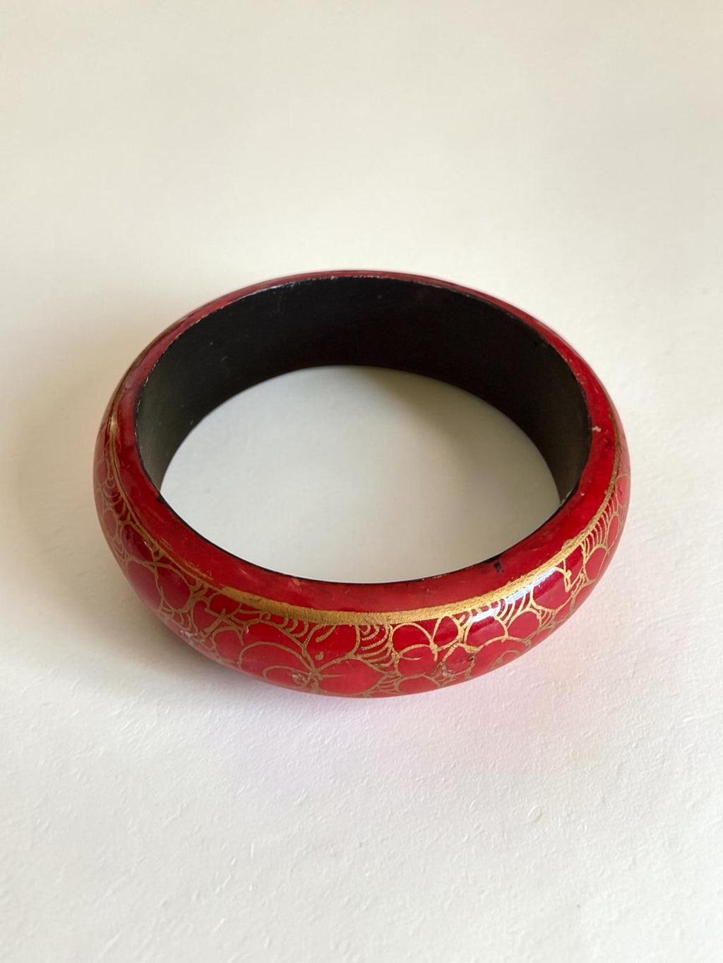 Vintage Hand Painted Wooden Bangle Red Gold Kashmiri Lacquer Boho Statement Bracelet