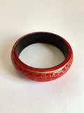 Vintage Hand Painted Wooden Bangle Red Gold Kashmiri Lacquer Boho Statement Bracelet
