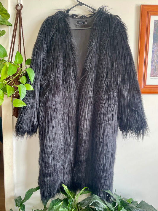 Long line Faux fur Shaggy Black Coat