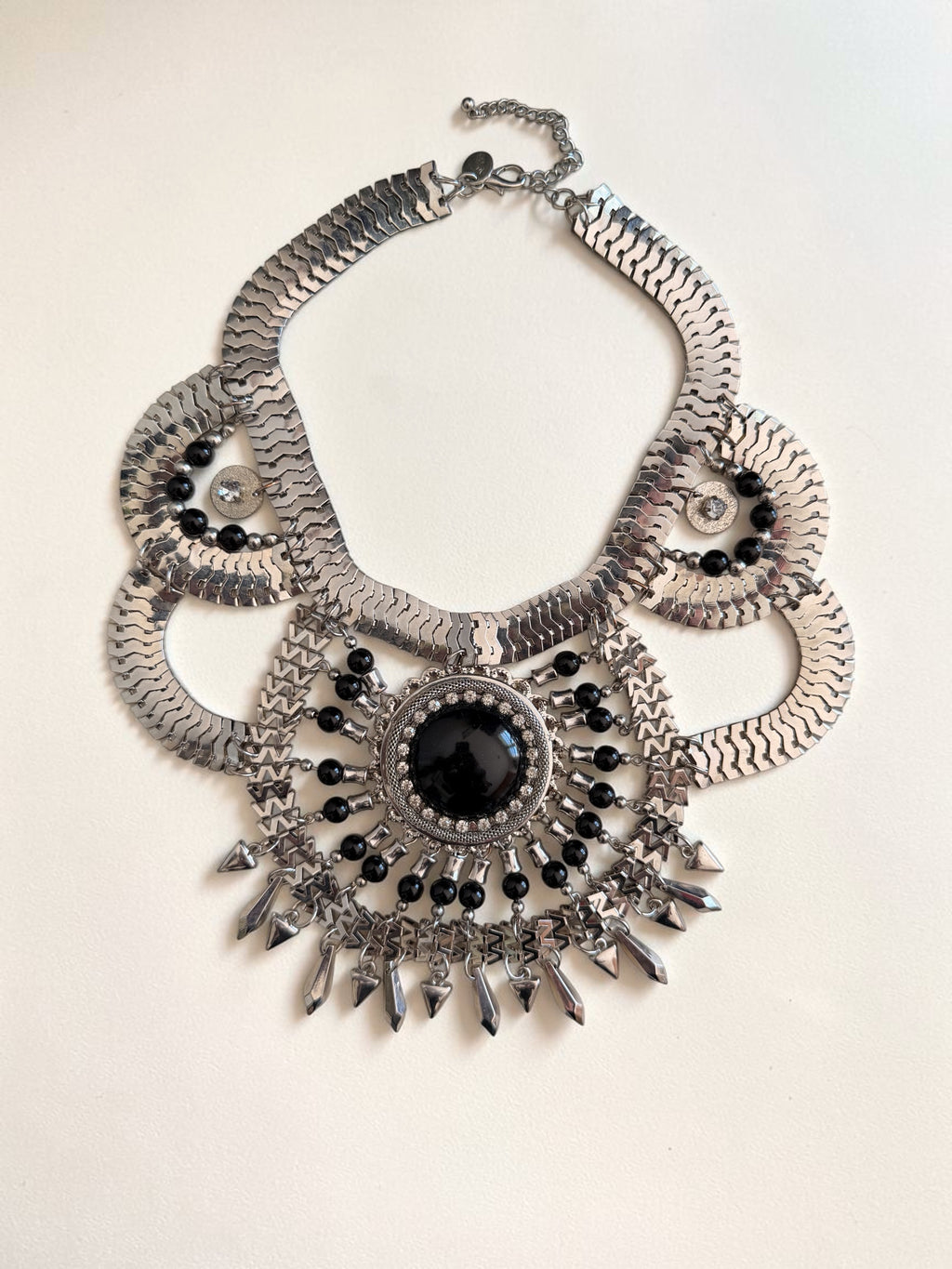 Lovisa Chunky Silver Boho Statement Necklace - Black Bead Tribal Bib Choker