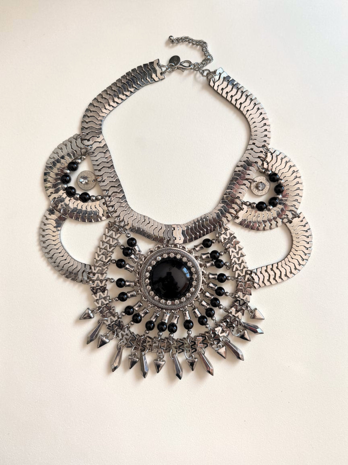 Lovisa Chunky Silver Boho Statement Necklace - Black Bead Tribal Bib Choker