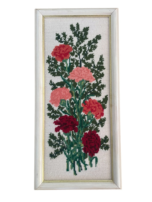 Vintage Carnations completed cross stitch in Frame D’art