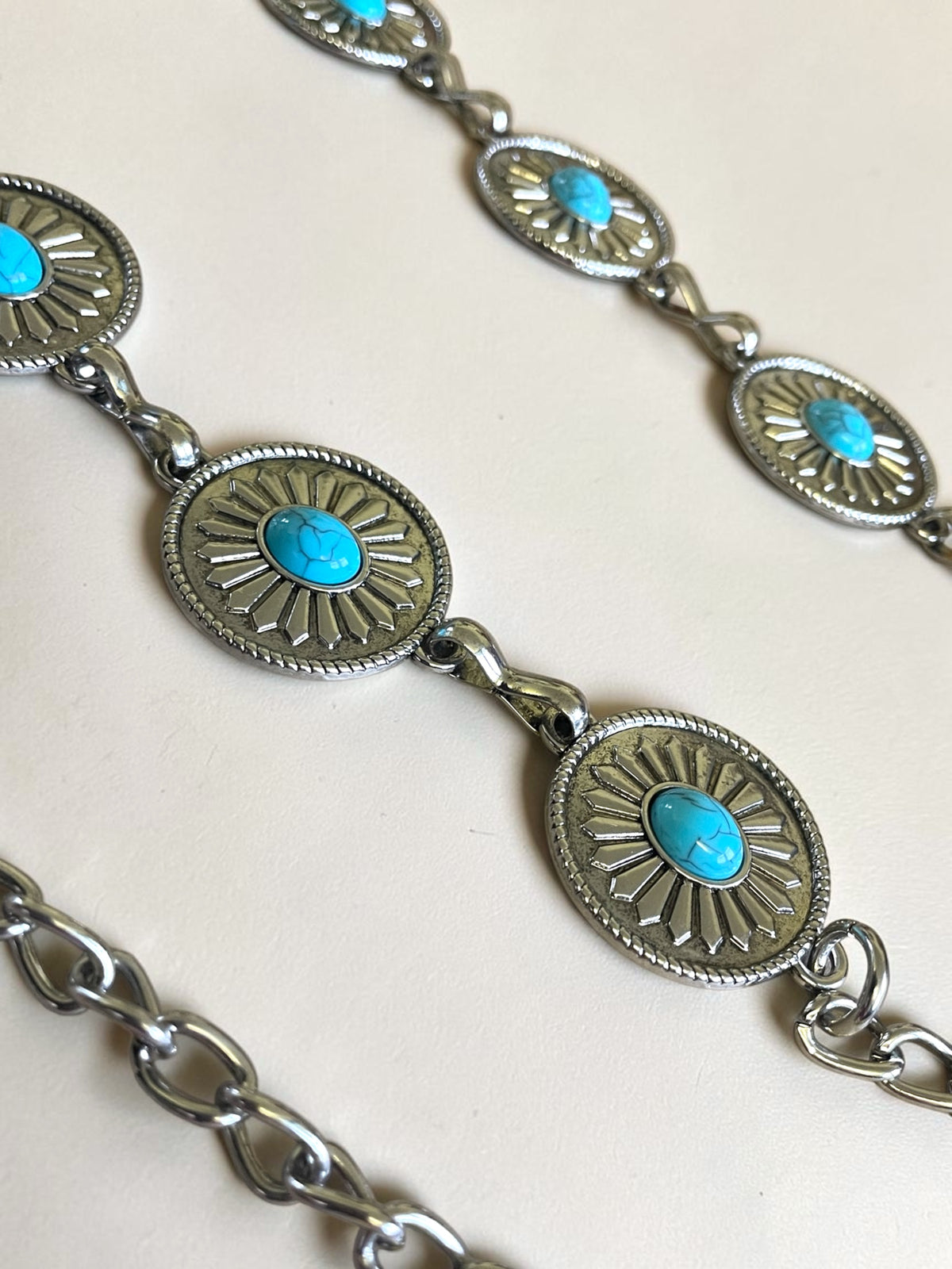Western Style Silver Turquoise Concho Chain Belt Cowgirl Boho Festival