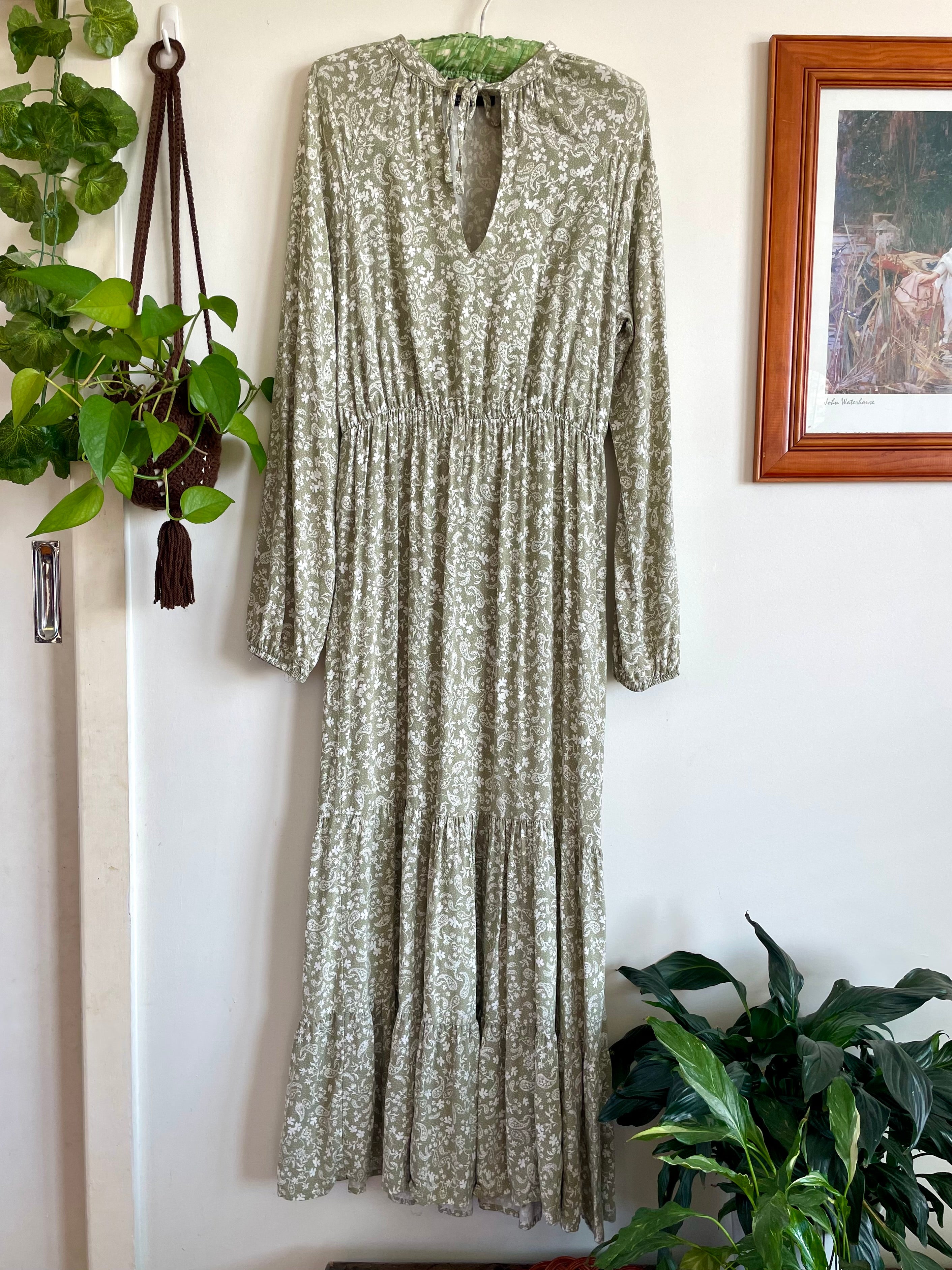 Long Sleeve Sage Paisley Print Dress
