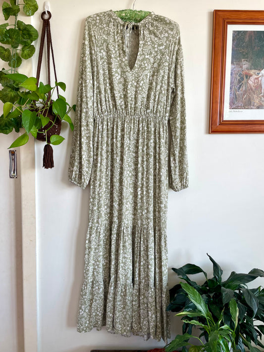 Long Sleeve Sage Paisley Print Dress