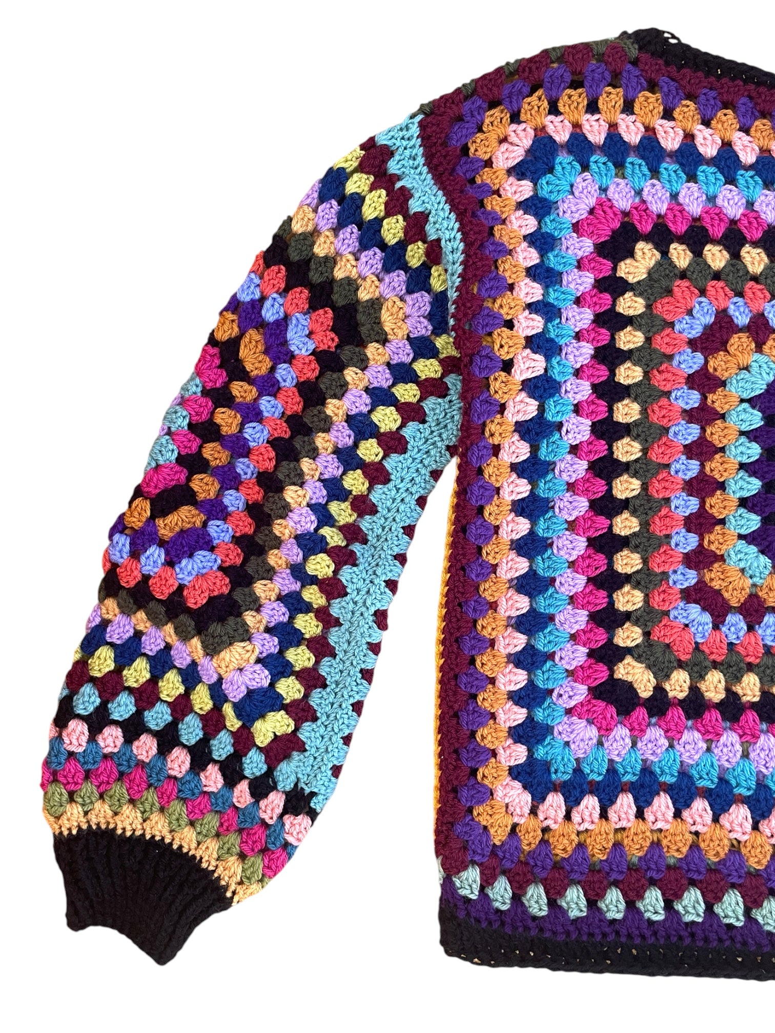Crochet granny square jumper, multicolour, black trims
