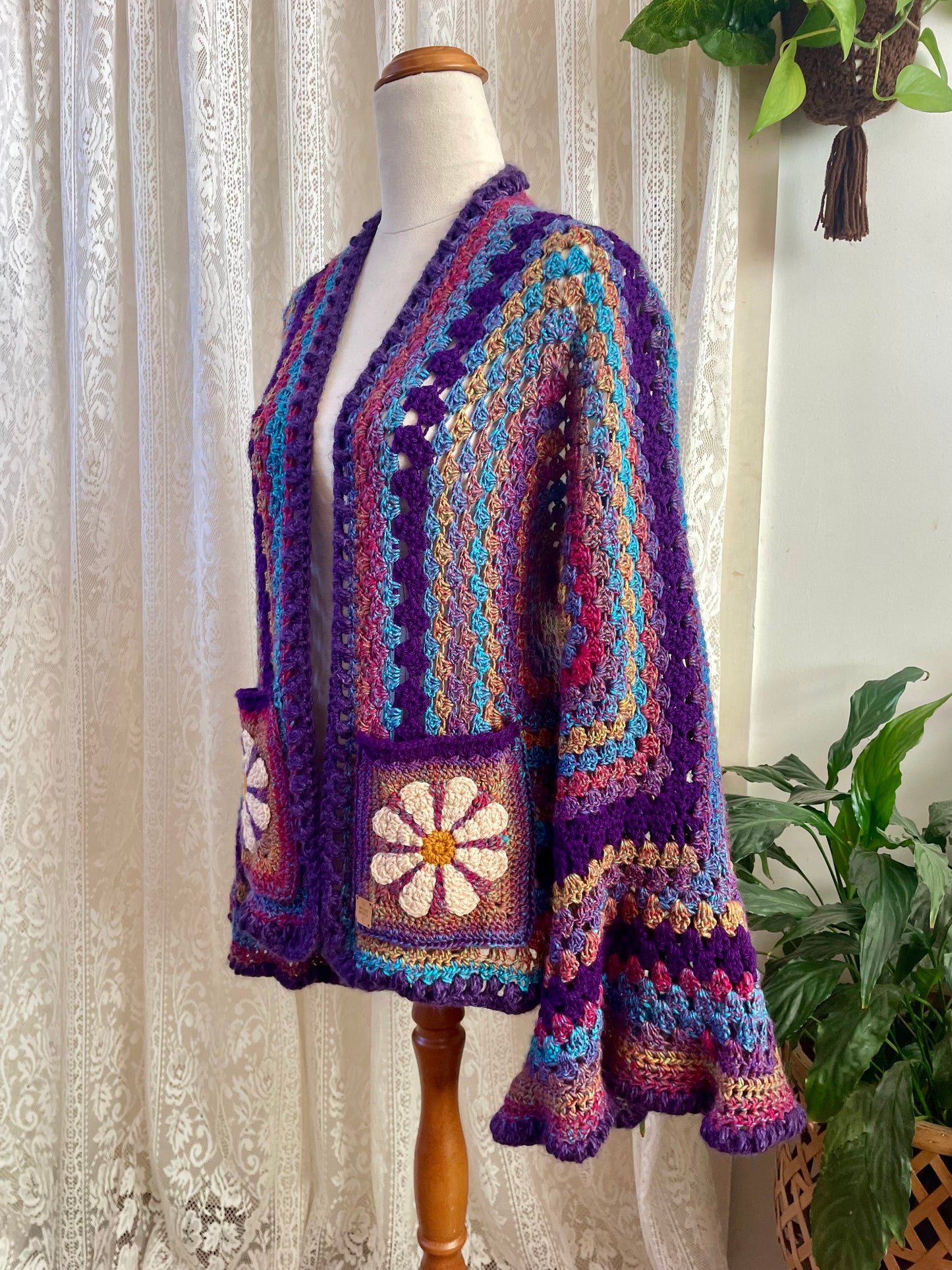 Purple Rainbow Reversible Crochet Cardigan with Bell Sleeves