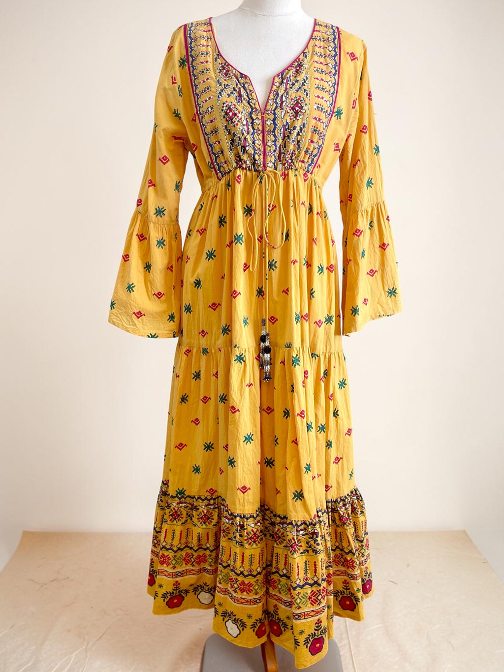 Ishka Marigold Yellow Embroidered Boho Maxi Dress – Bell Sleeve Tiered Smock Sz 14