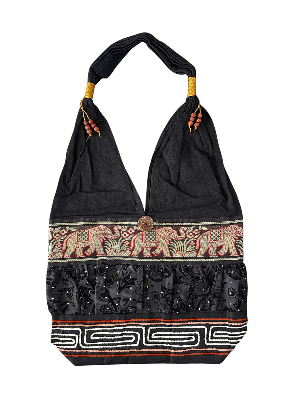 Hobo Style Sling Bag with Elephants and Embroidered Trim