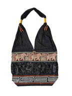 Hobo Style Sling Bag with Elephants and Embroidered Trim