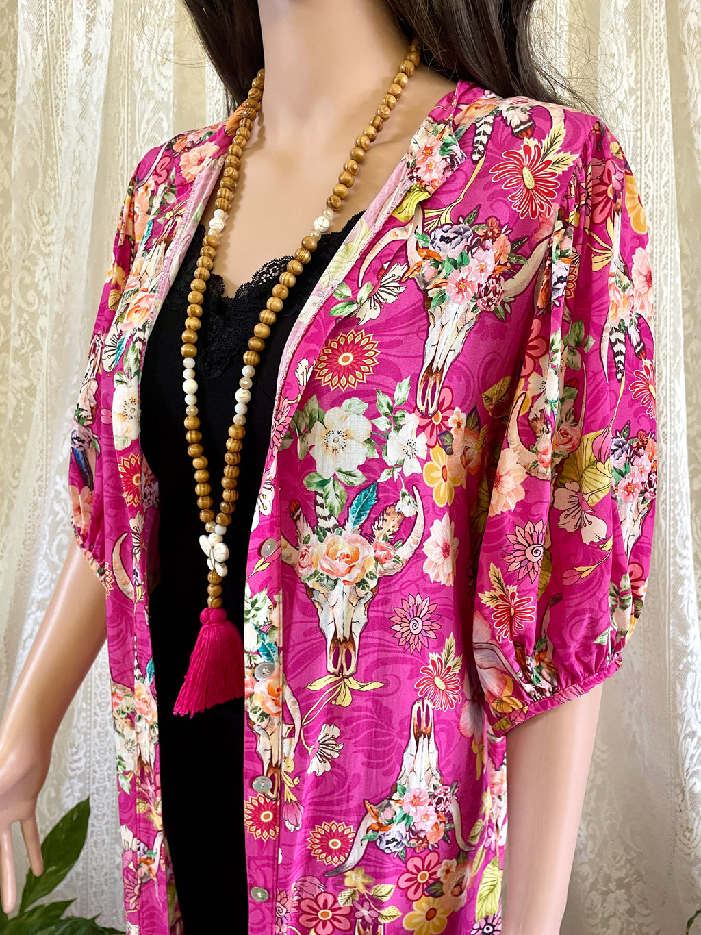 Made in Italy Pink Western Boho Floral Cow Skull Midi Dress Duster - Size 16