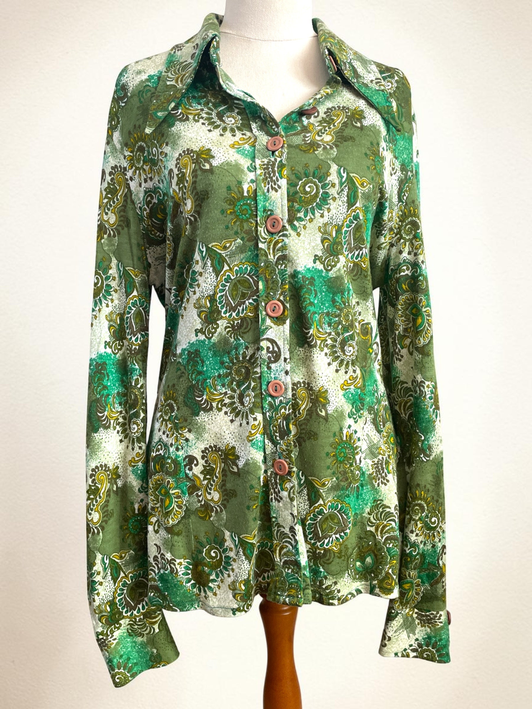 Vintage Sperla Green Psychedelic Paisley Shirt – 1970s Dagger Collar Blouse Sz 14