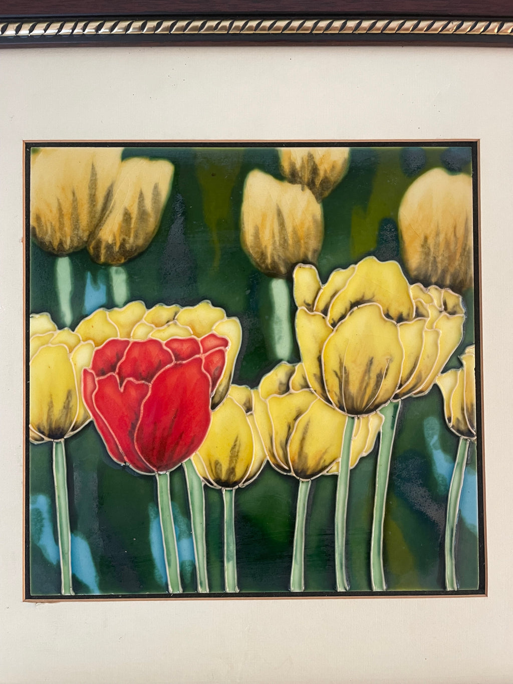Handpainted Tulips Vintage Ceramic Tile In Custom Wooden Frame