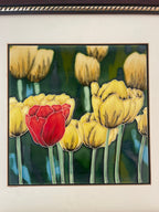 Handpainted Tulips Vintage Ceramic Tile In Custom Wooden Frame